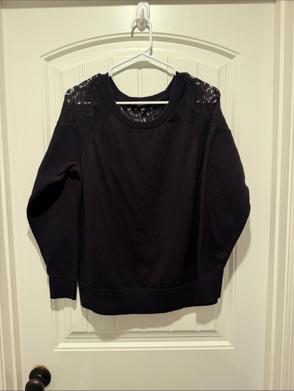 torrid Black Crewneck Sweater with Lace Shoulder Details